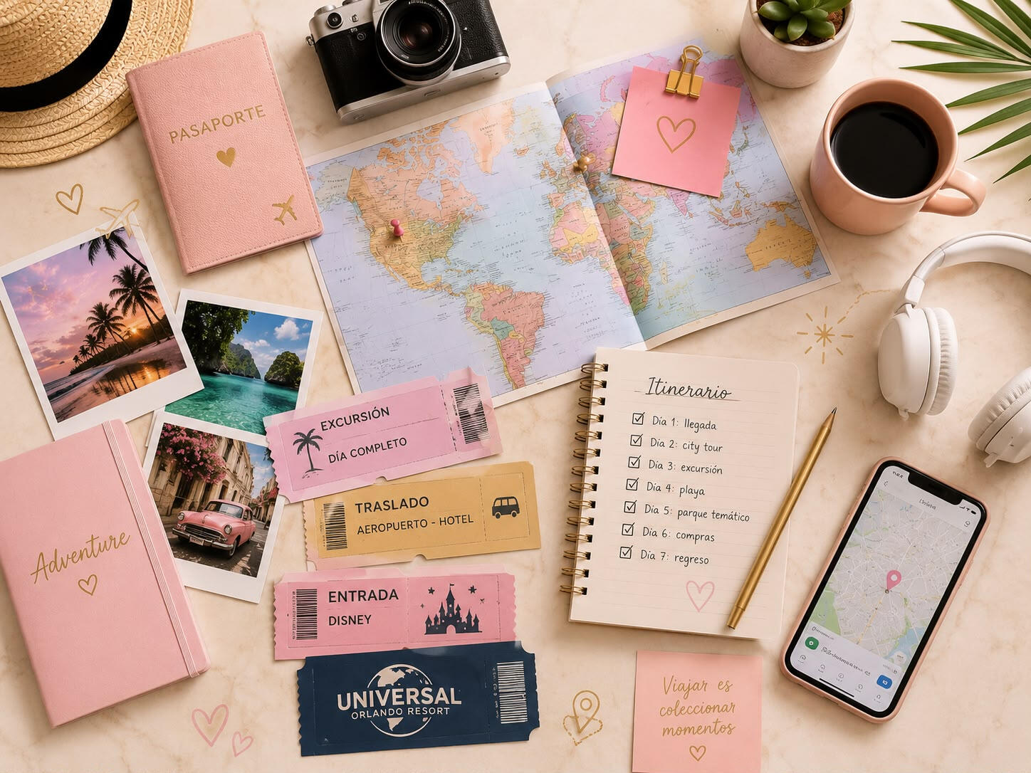 Experiencias, excursiones e itinerarios a medida, Mesa de planificación de viaje con mapa, itinerario, entradas, excursiones, traslados y experiencias personalizadas. Organizado por Portodoelmapa.